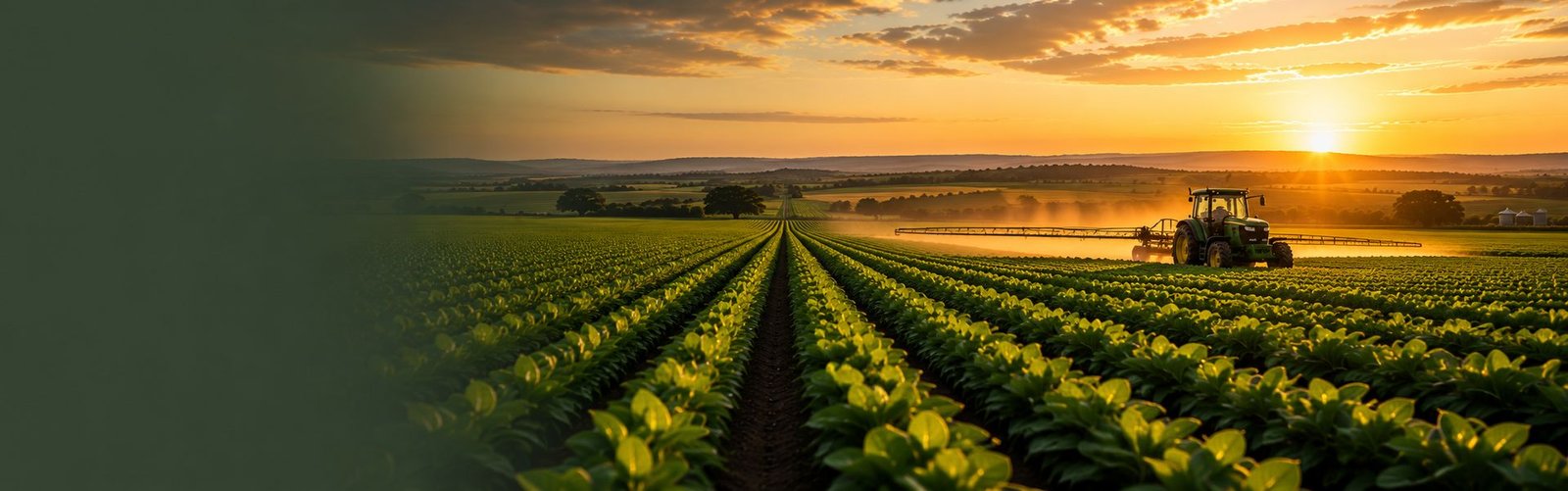 Plantação ao entardecer com trator em operação