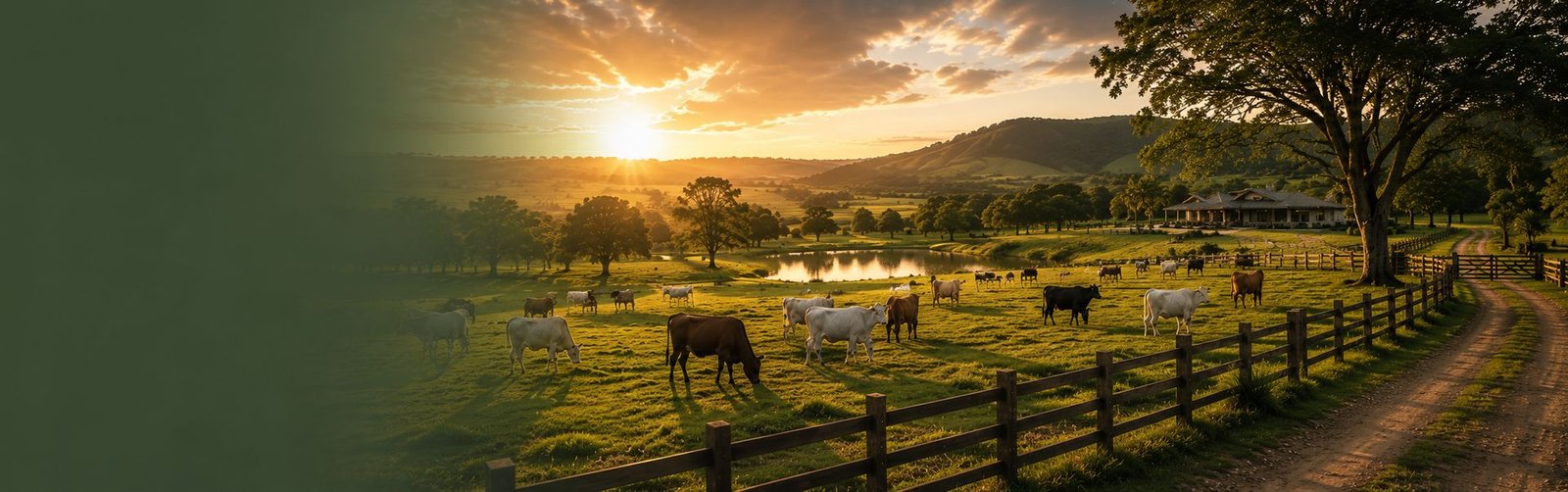 Gado pastando em fazenda ao entardecer