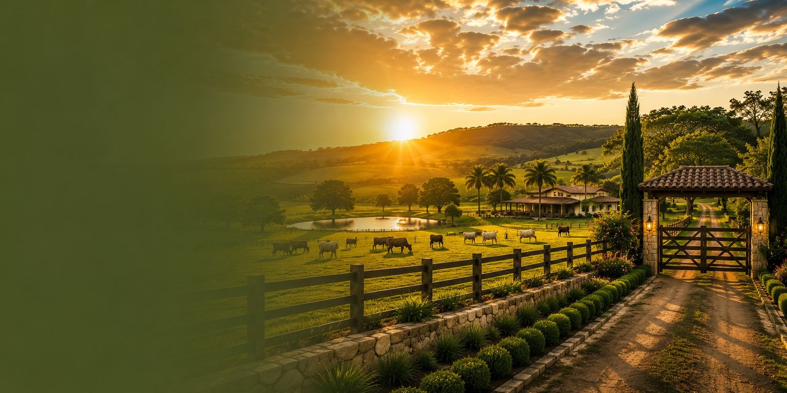 Portão de entrada de fazenda ao entardecer