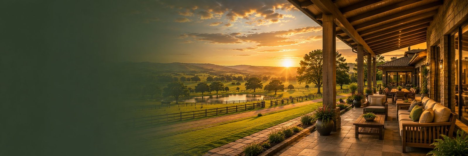 Varanda de sede de fazenda ao entardecer, vista para o pasto