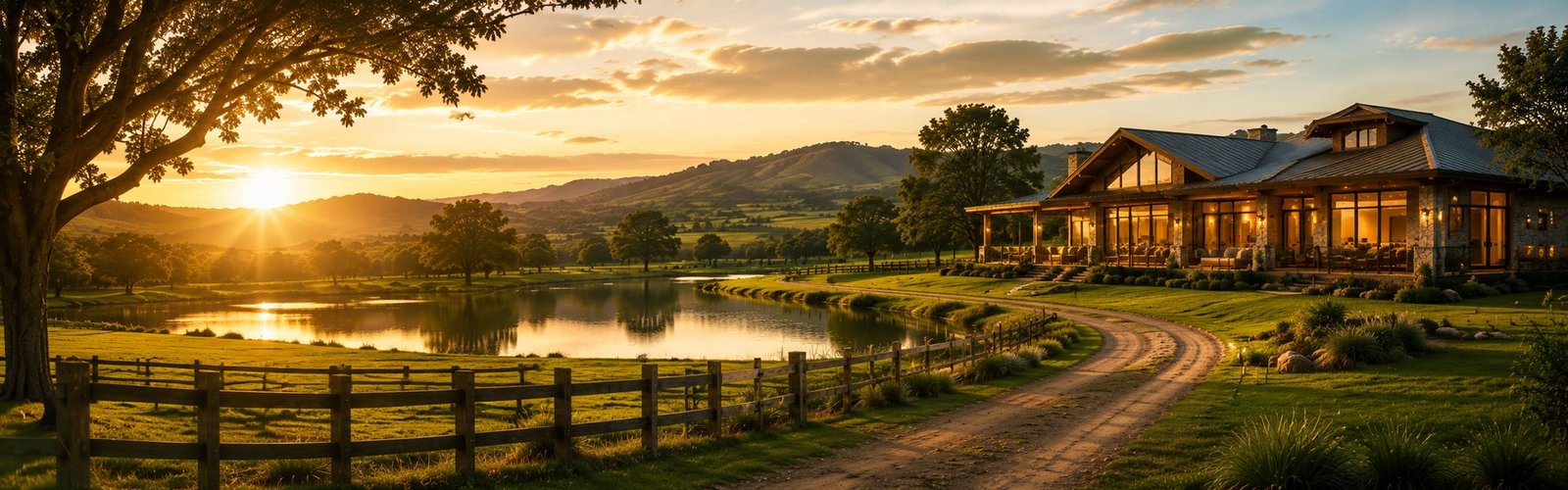 Sede de fazenda ao entardecer, com lago e varanda